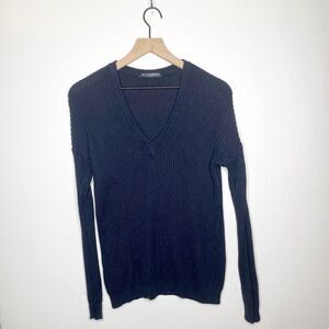 Brandy Melville Ribbed Knit V Neck Pullover Sweater Cotton Navy Blue